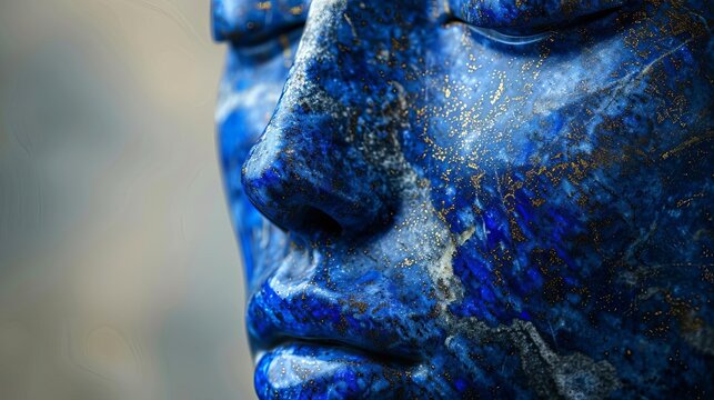 Visualize a sophisticated banner showcasing a lapis lazuli sculpture, with a soft, monochrome background and extensive text area