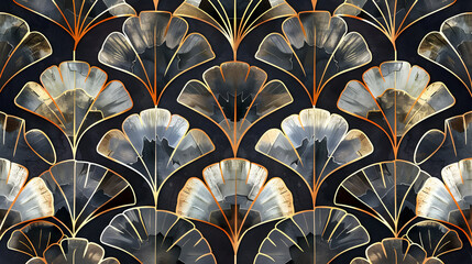 A black and gold leafy patterned wallpaper. The pattern is made up of many small leaves that are arranged in a way that creates a sense of depth and movement. The gold leafs add a touch of luxury