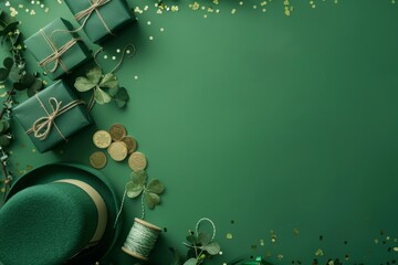 Image of green hat, clover and copy space on green background. St patrick's day, irish tradition and celebration concept.