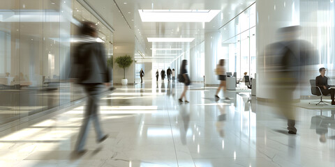 Busy Office Lobby Blur Background with People Walking, Dynamic Office Environment