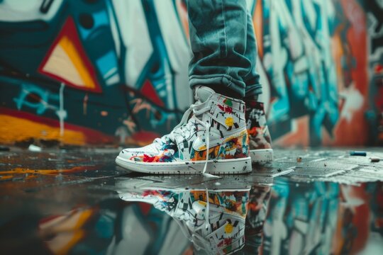 A stylish streetwear scene showcasing a person wearing custom hand-painted sneakers with graffiti-style artwork
