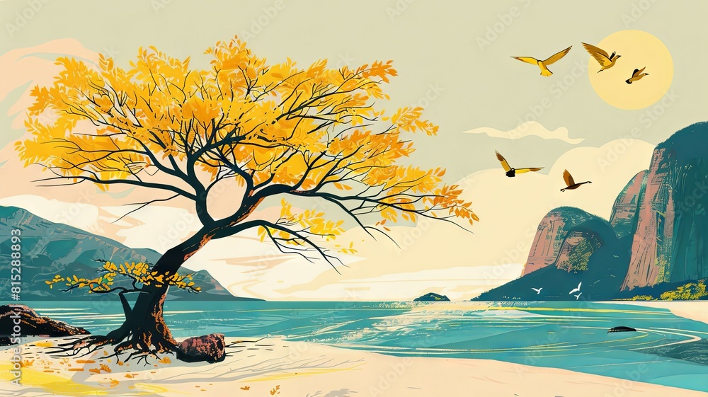 Poster vibrant autumn tree by the beach scene - a stylized image depicting a colorful tree in autumn shades