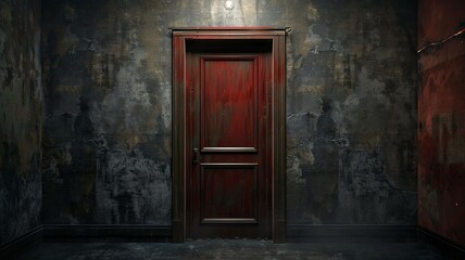 Stylish red door in a grungy textured room - A stylish red door with wood grain set against a moody, textured wall deco with an industrial vibe