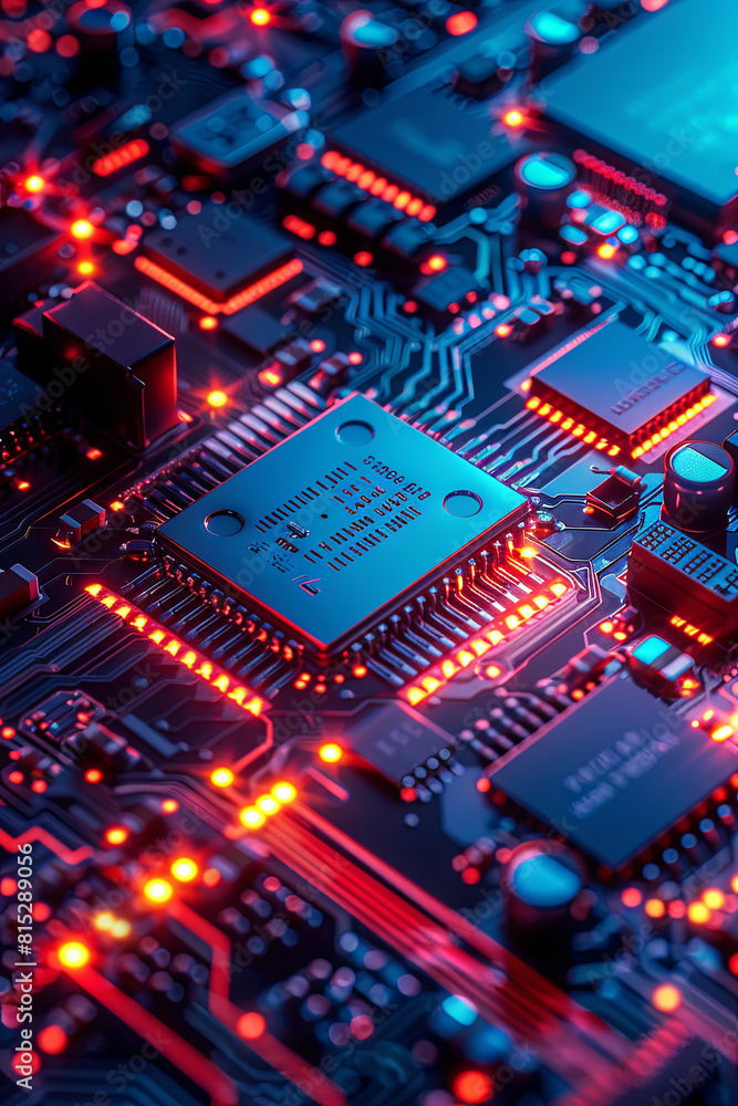 Poster detailed red and blue circuit board technology - an image showcasing a detailed view of a red and bl