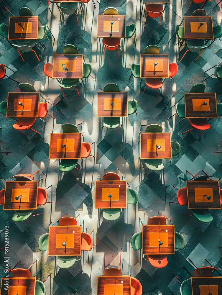Wall mural a row of tables with chairs in a restaurant. the chairs are of different colors and sizes. the table