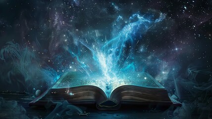 Ethereal magical energy emanating from book - An open book with ethereal blue magical energy swirling above, evoking a sense of mystery and magic