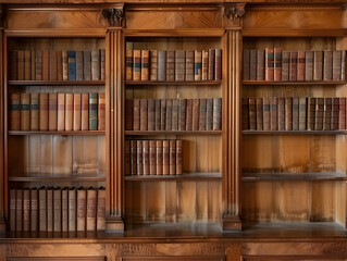A large wooden bookcase with many books on it. The books are of various sizes and colors. The bookcase is tall and has three shelves. The books are arranged in a way that they are easy to access