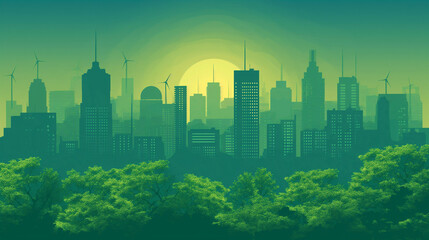 Fototapeta premium Renewable energy and city landscape silhouette.