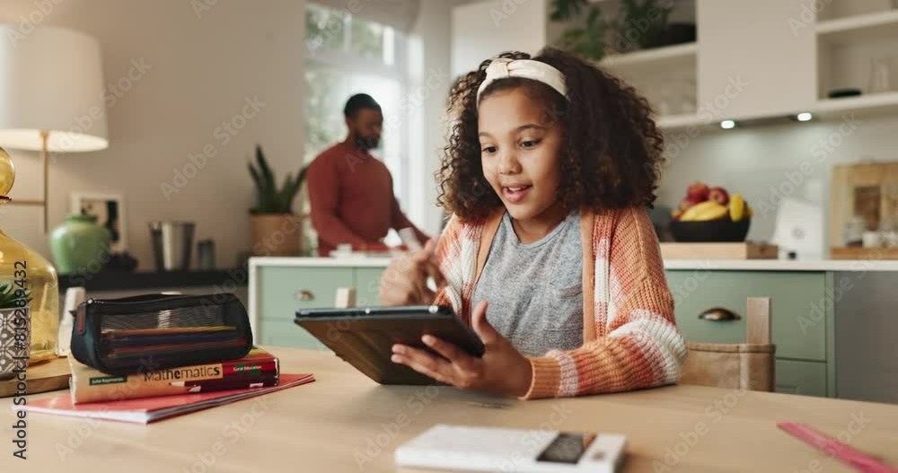 Poster girl, tablet and pen in kitchen for drawing with child development or creative with digital art. hom