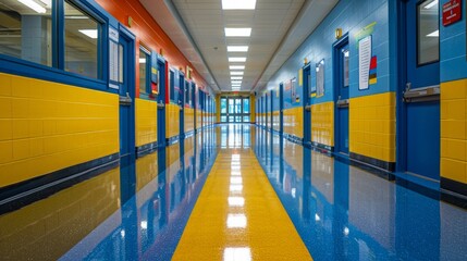 Fototapeta premium The freshly polished hallways in school , the back-to-school concept