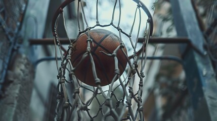 basketball ball in a net close up on the street