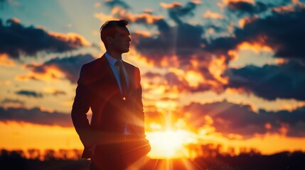 Radiant American businessman exuding confidence, with a vibrant sunset-inspired background