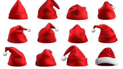 Santa Hats in realistic style on transparent background. Essential winter accessory for holiday designs. Perfect for New Year's.