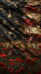  War-torn American flag close-up, poppy field. Memorial Day, Veterans Day.
