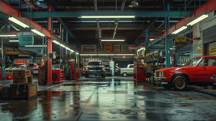 Detailed image of a vintage car garage - This image showcases a vintage car garage scene with a nostalgic ambiance and attention to detail