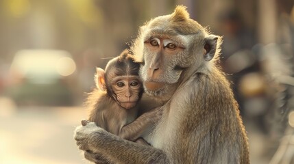 A mother monkey and her baby were spotted in the street where the little one was happily nursing straight from her mother s breast