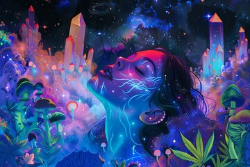 Colorful fantasy artwork with surreal elements - A vibrant, surrealistic artwork featuring a fantasy landscape with whimsical mushrooms, celestial elements, and a faceless figure