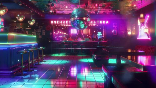 An empty retro-style disco club illuminated with vibrant neon lights and a shining disco ball reflecting on a checkered dance floor.