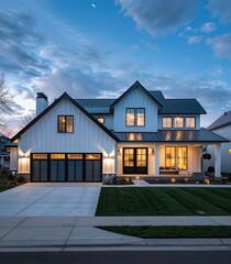 modern farmhouse style home in colorado, single story with large garage and front porch, black 
