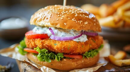 delicious fish burger with a golden, crispy panko-breaded fish fillet, lettuce, tomato, and red onion, topped with a generous dollop of creamy homemade tartar sauce