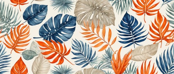 Fototapeta premium digital illustration of tropical leaves background in vibrant orange and muted blue