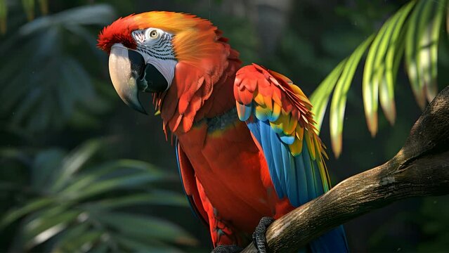 Close-up shoot of a vibrant macaw perched on a tree branch, showcasing the colorful feathers, the sharp beak, and the curious eye.