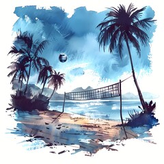 Volleyball Beach in Tropical Island in style of watercolor On White background