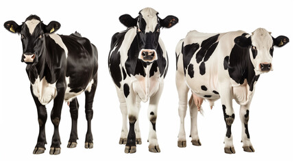 "Set of Three Black and White Cows, Animal Pack Isolated on White Background as Transparent PNG. Blank White Backdrop -