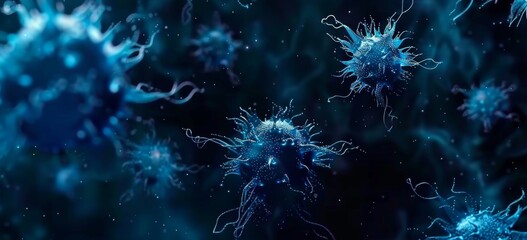 blue virus cells on dark background, in the style of stock photo.