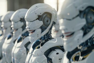 Fototapeta premium Robots Smiling Futuristic Artificial Intelligence Technology Group Humanoid Androids