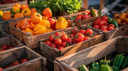 wooden boxes with tomatoes, peppers and other vegetables on an outdoor market table. Shot in the style of Nikon D850 with a 24-70mm f/3.5 lens in a Bobble style fashion photography, realistic, portrai