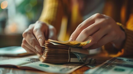 Close-up of hands counting a stack of banknotes, symbolizing wealth management and financial planning. 