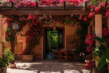 a patio covered in pink flowers and greenery - Powered by Adobe
