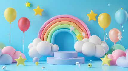 Background podium baby cute product 3d cloud kid children display banner room toy design blue. Podium scene boy background rainbow baby stand studio presentation shower template sale stage poster sky
