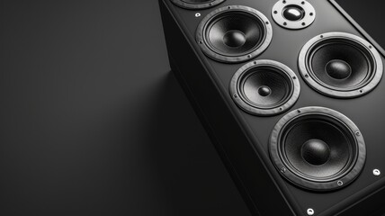 Black speaker system with multiple audio drivers on dark background