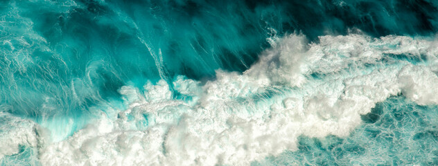 Banner Turquoise ocean sea water white wave pattern splashing deep blue sea. Banner Tropical sea...