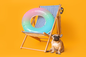 Cute French bulldog with sunglasses sitting near deckchair and beach accessories on yellow...