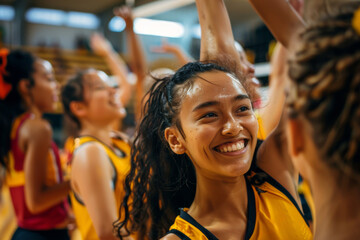 A team of smiling black women volleyball athletes happily join forces in a lively scrimmage, each striving to bump and block the ball with skill and teamwork.