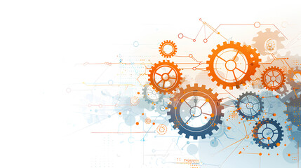 An abstract representation of interconnected gears and circuits, symbolizing the integration of business and technology, with a blank background 