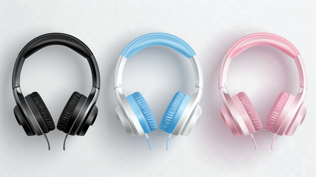 
Sure, here's a simplified and trendy version of the title:

"Assortment of Headphones in Four Colors (Black, Blue, Pink, and White), Transparent Background, Blank White Backdrop 