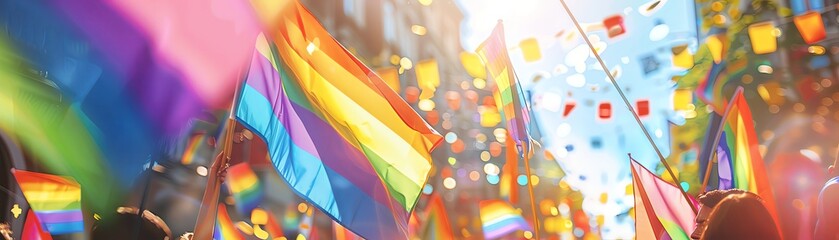 A gay pride festival in a city square with a rainbow flag and people. An outdoor party of the lgbtq community, with a wide angle view of people holding colorful flags on a blurred background on a sunn