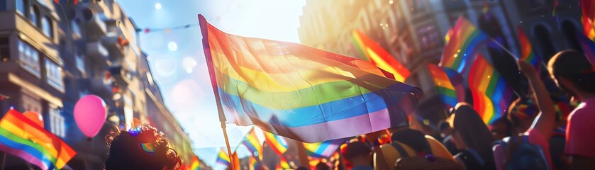 A gay pride festival in a city square with a rainbow flag and people. An outdoor party of the lgbtq community, with a wide angle view of people holding colorful flags on a blurred background on a sunn