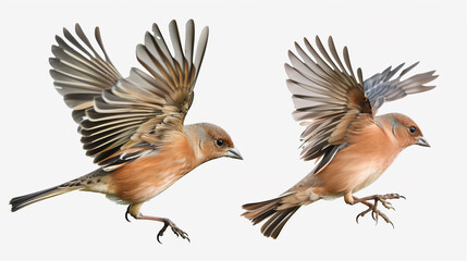Chaffinch Bird Collection, Flying, Portrait, and Standing, Isolated on Transparent Background, Blank White Backdrop -