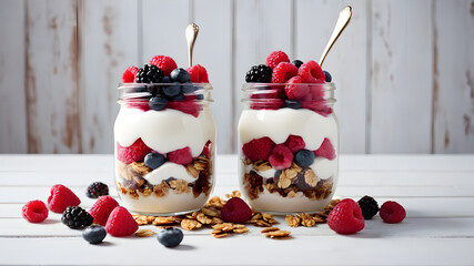 jars with tasty parfaits made of granola, berries and yogurt on white wooden table. Shot at angle