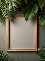 Obraz premium Modern minimalistic composition of blank frame mockup against green tropical leaves on pastel background. Generative AI.