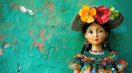 Mexican doll set against a vibrant green backdrop