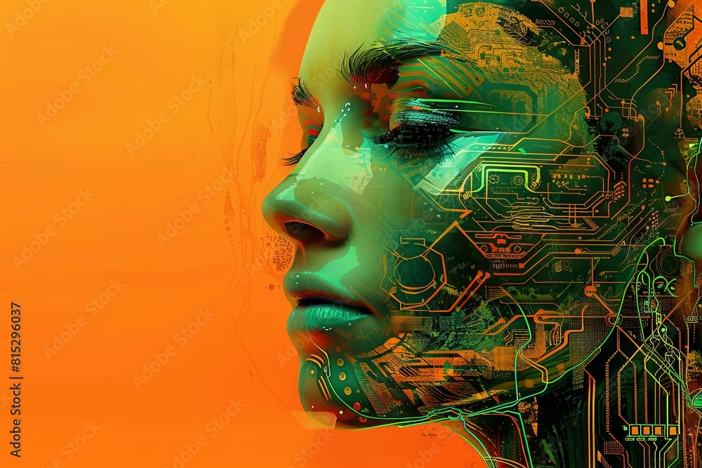 Poster abstract electronic circuit with orange overlay - abstract orange and green backdrop with an obscure