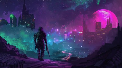 Warrior overlooking neon cityscape - Against a neon-lit skyline, a cyberpunk warrior gazes upon a futuristic city from a high vantage point