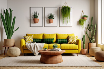 Living room interior with yellow sofa, pillows, green plaid and coffee table with succulents in pots on white wall background. 3D rendering.