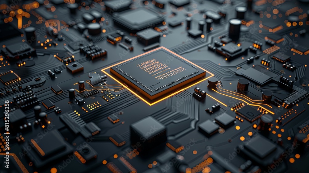 Poster microchip circuit board close-up - an intricate microchip circuit board with glowing neon lines symb